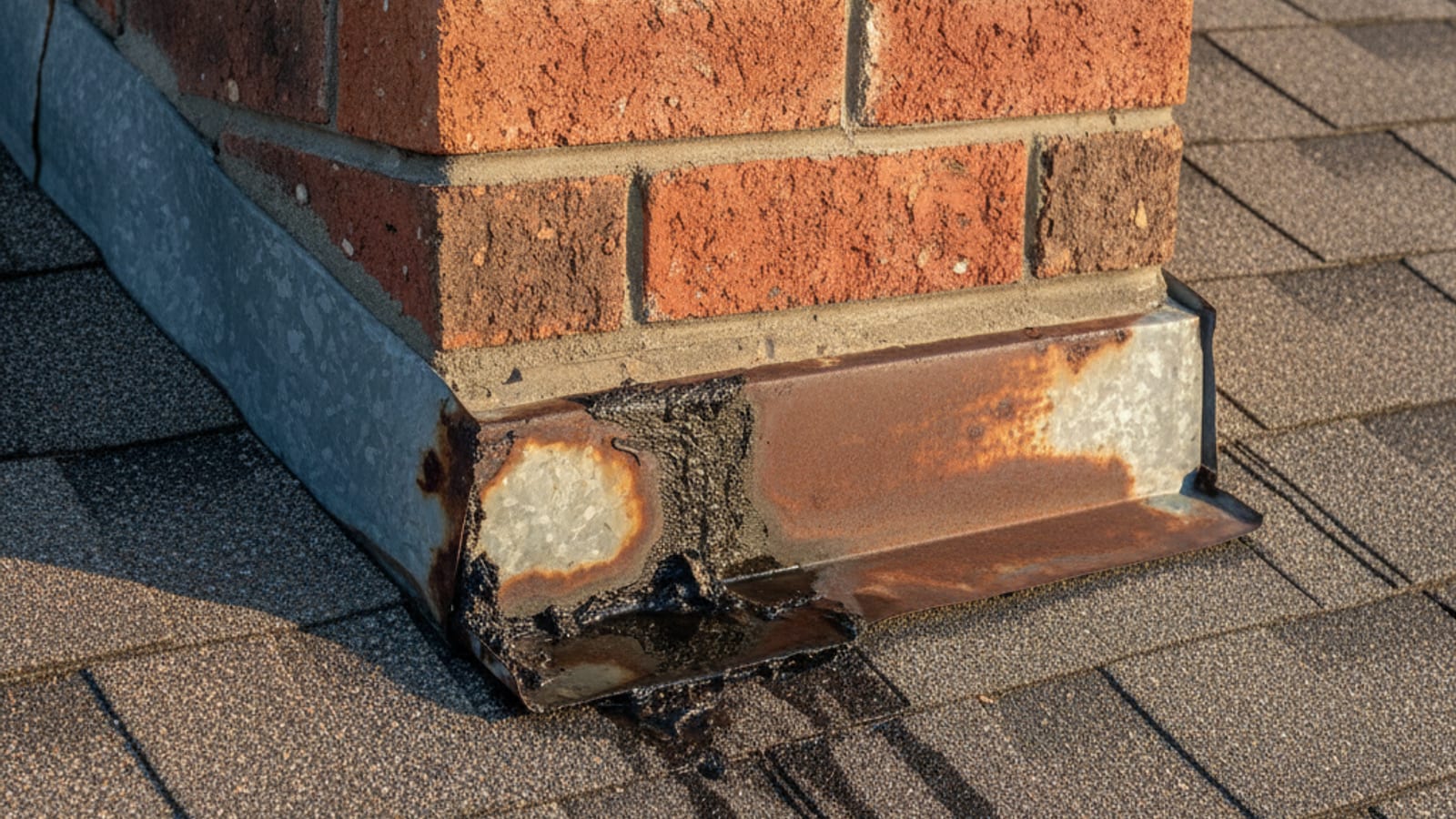 Water staining and rust at the base of a brick chimney where it meets the roofline in a coastal San Diego County neighborhood