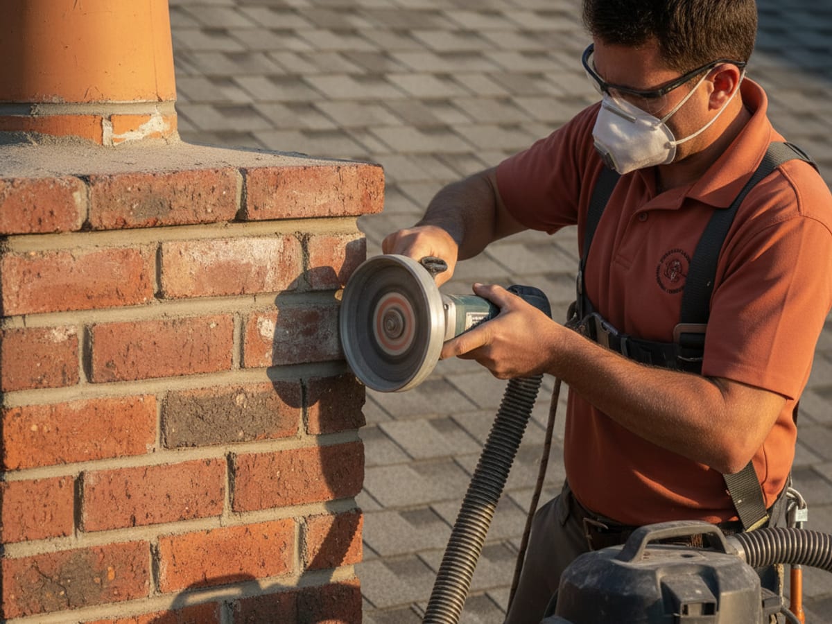 Weathered brick chimney on a San Diego rooftop showing water staining and surface erosion on the masonry
